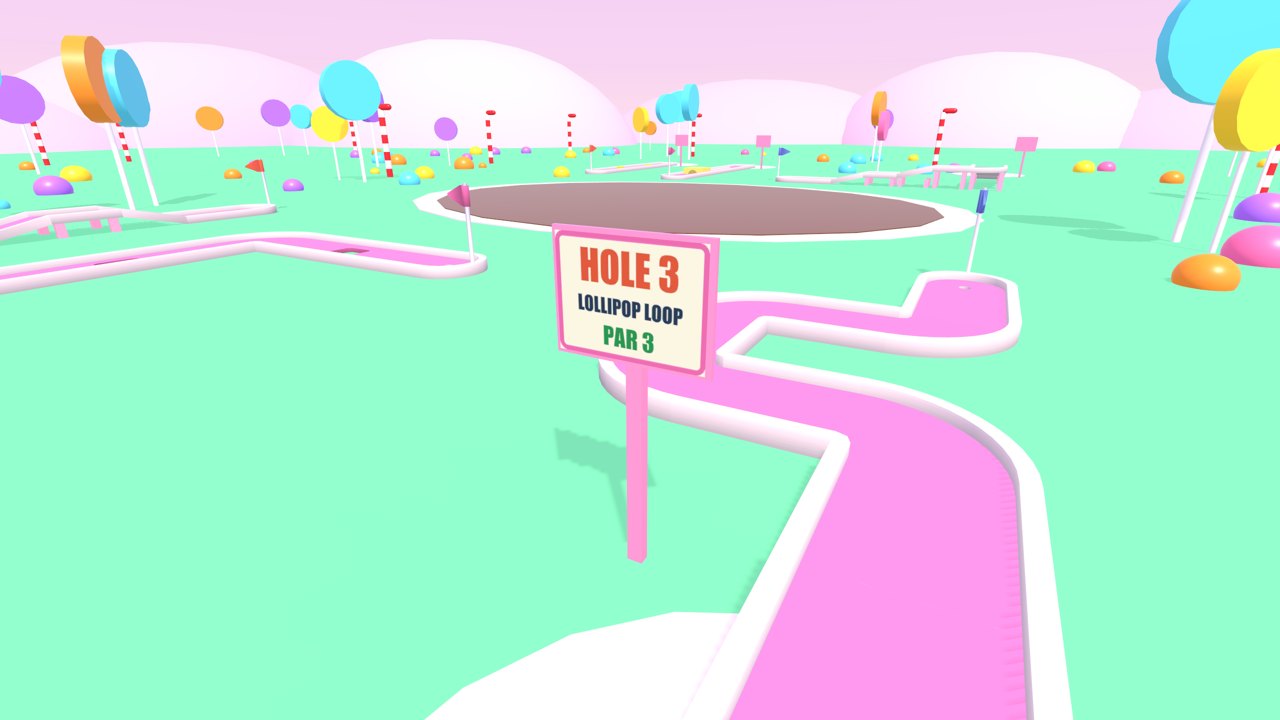 A pink mini golf hole in Candy Land with lollipops and a hole sign