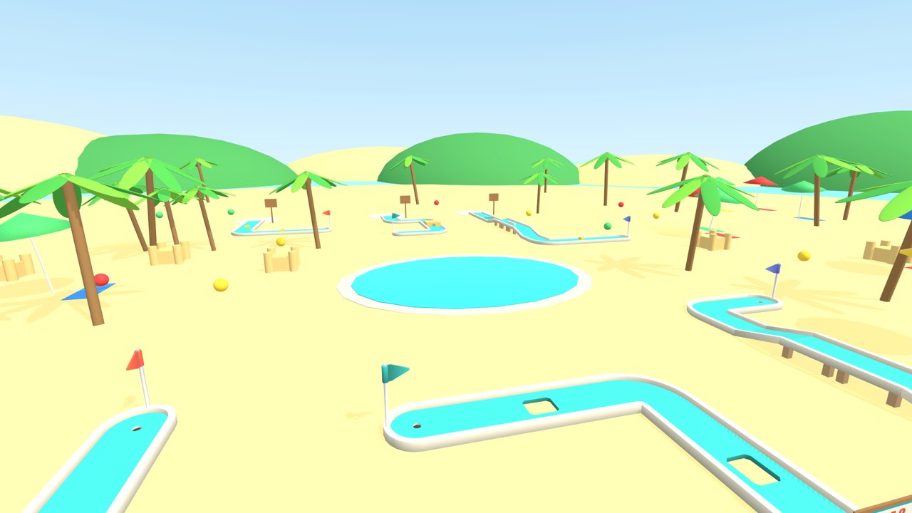 Mini golf holes on a sunny beach with palm trees and a lagoon