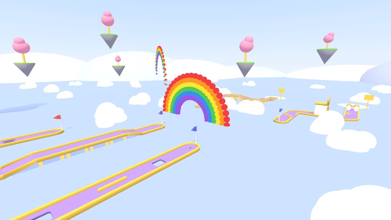 Purple mini golf lanes in the Cloud Kingdom with a rainbow and floating islands