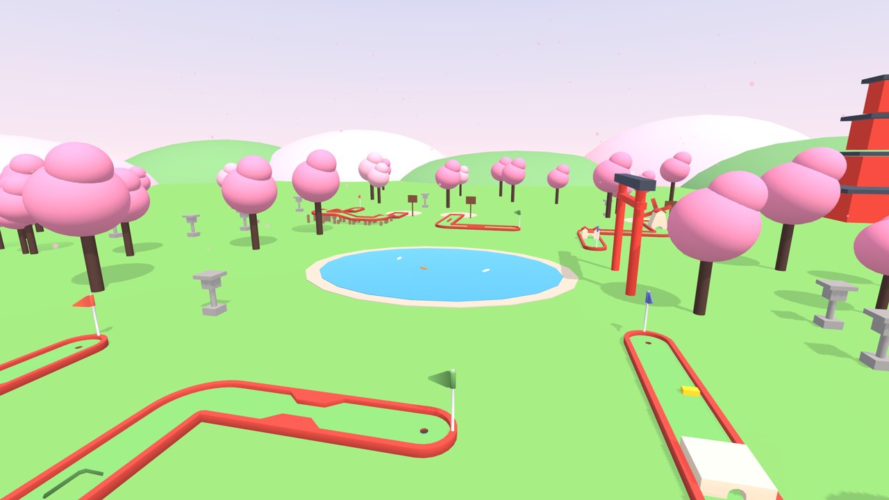 A cherry blossom garden course with a pond, a torii gate and a pagoda